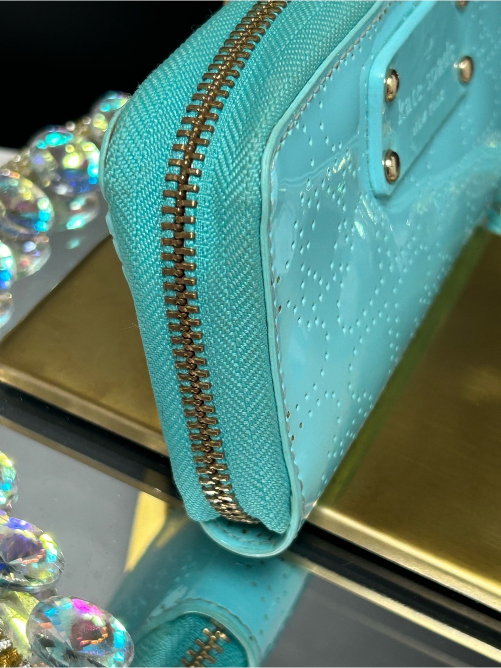 kate spade Patent Leather Zip Wristlet Wallet - Turquoise Approx. 6.5 x 3.5 - Picture 5 of 14